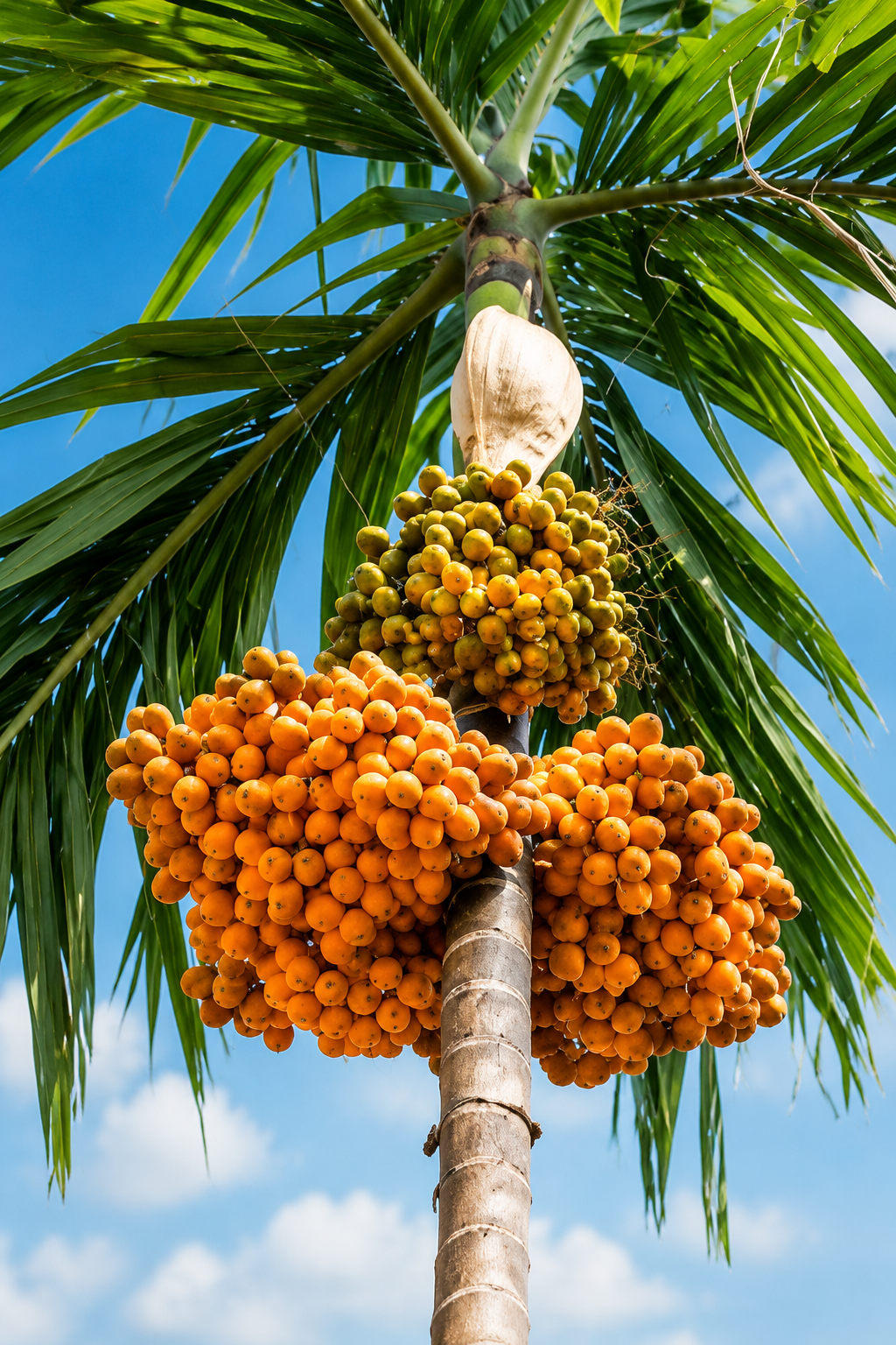 Ripening areca nut clusters on the palm